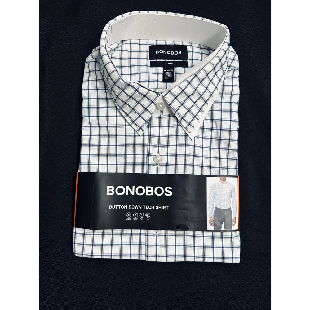 NEW BONOBOS Slim Fit Tech Shirt XL Long Sleeve Stretch Button Down Blue Check